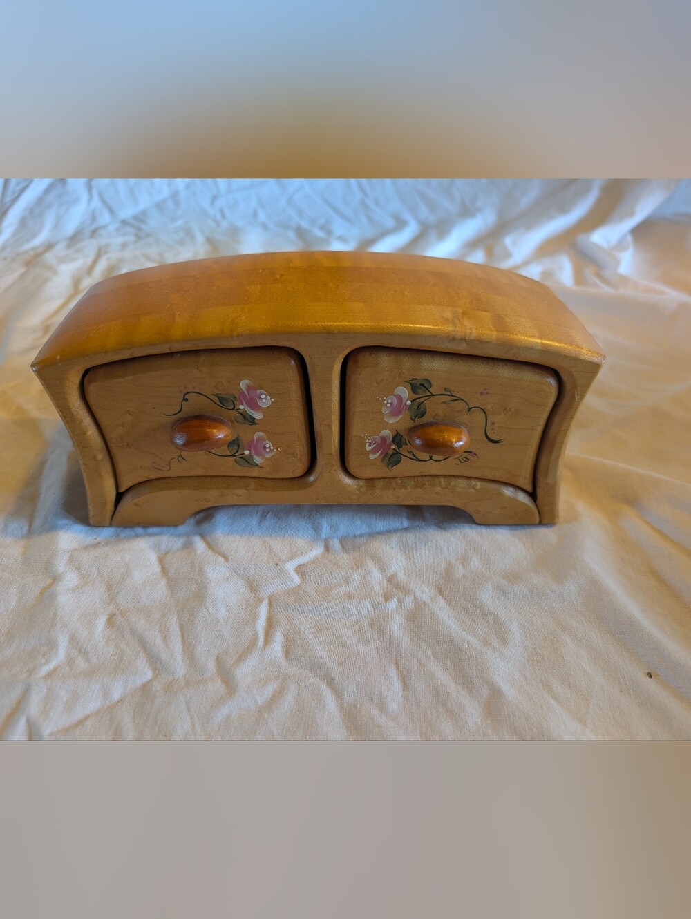 2/60$ Vintage Two-Drawer Hand-Painted Floral Jewelry Box in Light Brown and Pink